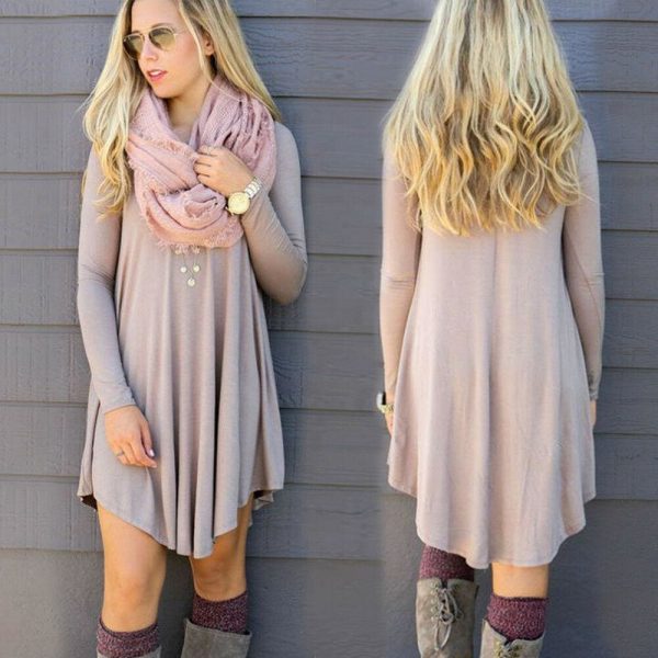 The Best Fashion Women Dress Long Sleeve Solid Casual Autumn Loose T-Shirt Long Loose Blouse Tops Mini Short Dress Online - Takalr