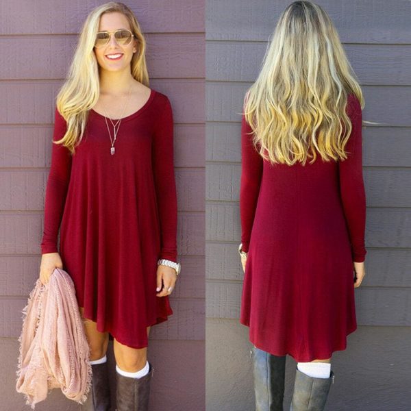 The Best Fashion Women Dress Long Sleeve Solid Casual Autumn Loose T-Shirt Long Loose Blouse Tops Mini Short Dress Online - Takalr