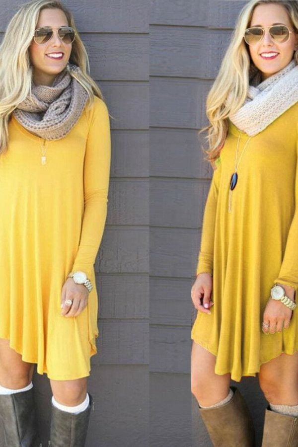 The Best Fashion Women Dress Long Sleeve Solid Casual Autumn Loose T-Shirt Long Loose Blouse Tops Mini Short Dress Online - Takalr