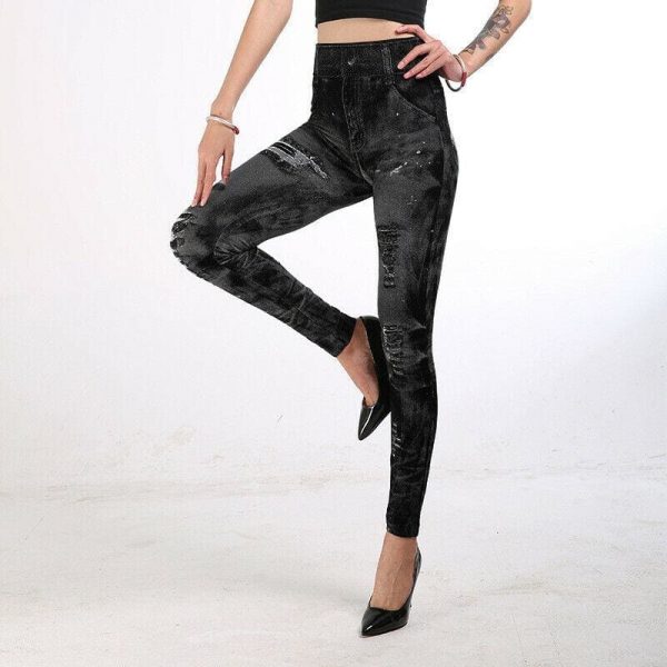 The Best Fashion Women Elastic Skinny Stretchy High Waist Leggings Slim Denim Look Jeans Jeggings Stretchy Long Pants Trousers Online - Takalr