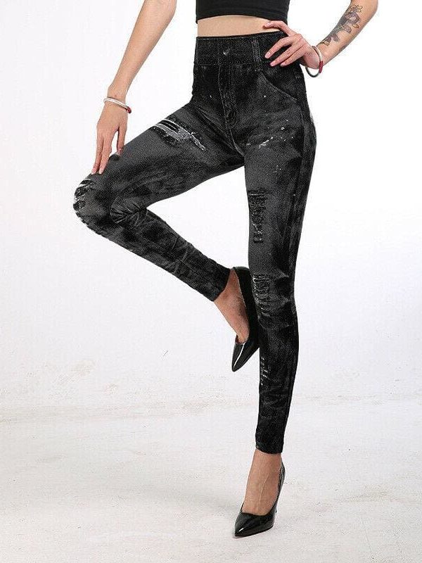 The Best Fashion Women Elastic Skinny Stretchy High Waist Leggings Slim Denim Look Jeans Jeggings Stretchy Long Pants Trousers Online - Takalr