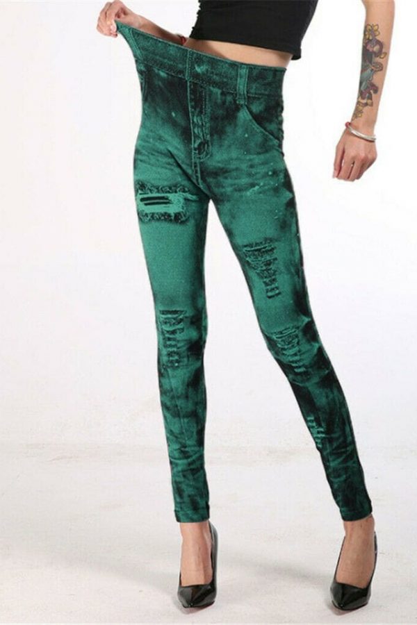 The Best Fashion Women Elastic Skinny Stretchy High Waist Leggings Slim Denim Look Jeans Jeggings Stretchy Long Pants Trousers Online - Takalr