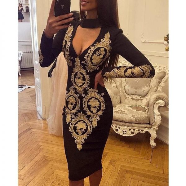 The Best Fashion Women Elegant Floral Dress Sexy Ladies Deep V Neck Long Sleeve Bodycon Slim Fit Casual Club Party Dress Online - Takalr