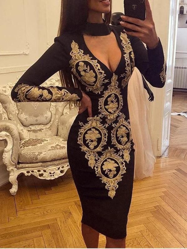 The Best Fashion Women Elegant Floral Dress Sexy Ladies Deep V Neck Long Sleeve Bodycon Slim Fit Casual Club Party Dress Online - Takalr