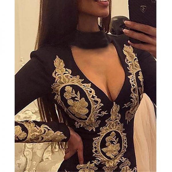 The Best Fashion Women Elegant Floral Dress Sexy Ladies Deep V Neck Long Sleeve Bodycon Slim Fit Casual Club Party Dress Online - Takalr