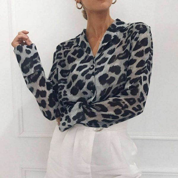 The Best Fashion Women Elegant Leopard Printed Blouse Top New Ladies Casual Workout Loose V-Neck Long Sleeve Blouse Shirt Online - Takalr