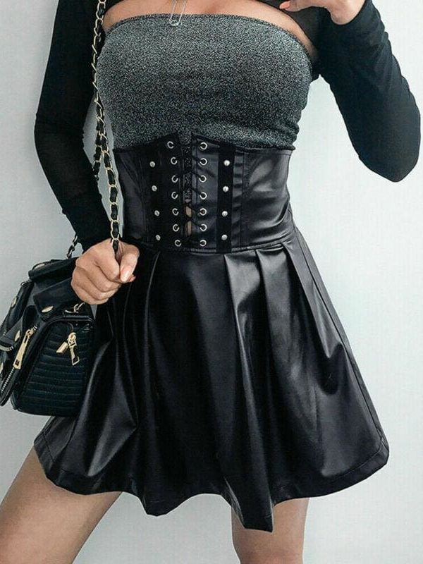 The Best Fashion Women Faux Leather Fake Zipper Bodycon Mini Skirt Stretchy Wetlook A-Line Tight Bandage Tunic Pleated Skirt Online - Takalr