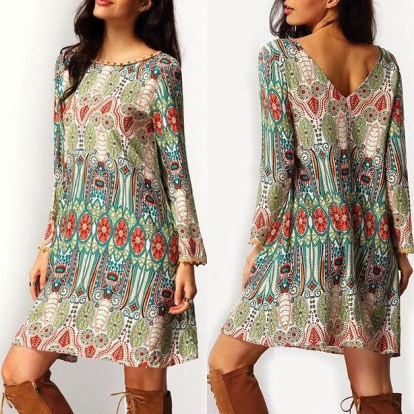 The Best Fashion Women Floral Boho Chiffon Sundress Ladies Casual Long Sleeve Summer Beach Holiday Loose Short Mini Dress Online - Takalr