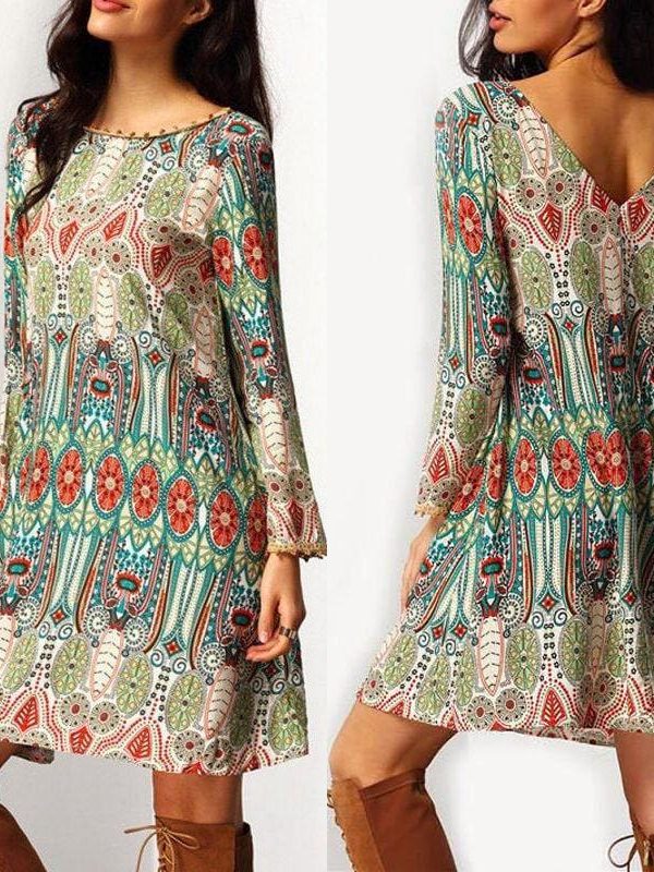 The Best Fashion Women Floral Boho Chiffon Sundress Ladies Casual Long Sleeve Summer Beach Holiday Loose Short Mini Dress Online - Takalr