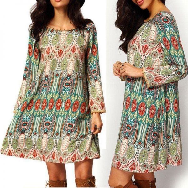 The Best Fashion Women Floral Boho Chiffon Sundress Ladies Casual Long Sleeve Summer Beach Holiday Loose Short Mini Dress Online - Takalr