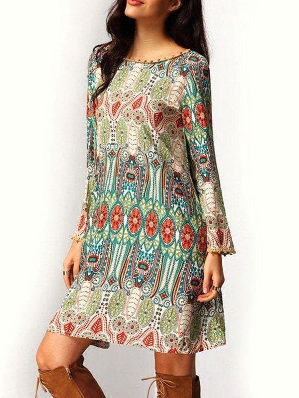 The Best Fashion Women Floral Boho Chiffon Sundress Ladies Casual Long Sleeve Summer Beach Holiday Loose Short Mini Dress Online - Takalr