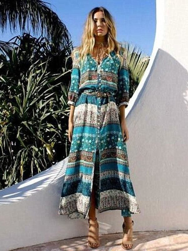 The Best Fashion Women Floral Long Maxi Dress Evening Party Ladies Half Sleeve Beach Dresses Summer Loose Sundress Online - Takalr