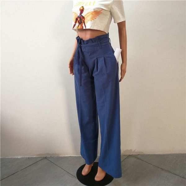 The Best Fashion Women High Waist Ruffles OL Ladies Trouser Denim Look Wide Leg Drawstring Elastic Long Loose Casual Pants Online - Takalr