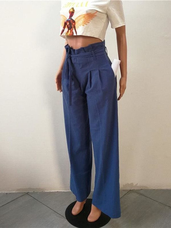 The Best Fashion Women High Waist Ruffles OL Ladies Trouser Denim Look Wide Leg Drawstring Elastic Long Loose Casual Pants Online - Takalr