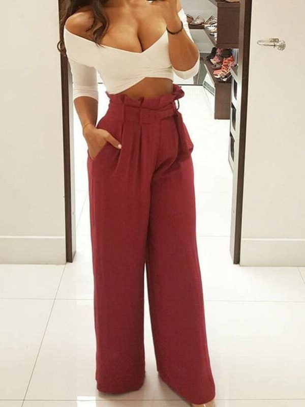 The Best Fashion Women High Waist Ruffles OL Ladies Trouser Denim Look Wide Leg Drawstring Elastic Long Loose Casual Pants Online - Takalr