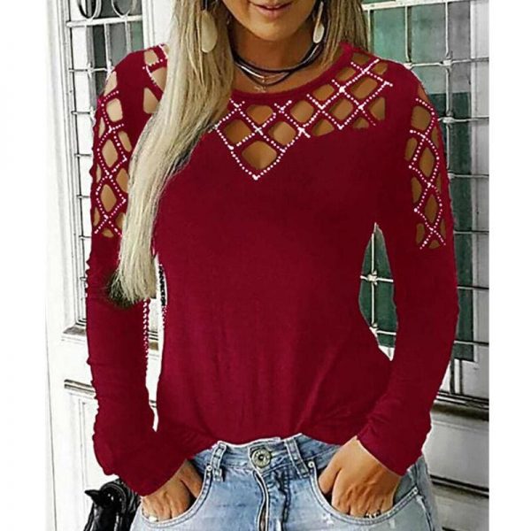 The Best Fashion Women Hollow Out Long Sleeve Casual Shirt Top Sexy Ladies O-Neck Autumn Casual Top Outwear Streetwear Online - Takalr