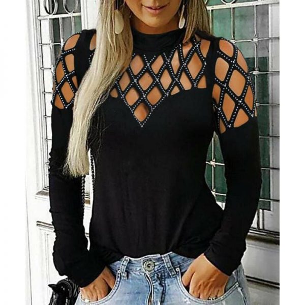 The Best Fashion Women Hollow Out Long Sleeve Casual Shirt Top Sexy Ladies O-Neck Autumn Casual Top Outwear Streetwear Online - Takalr