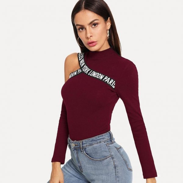 The Best Fashion Women Hollow Out T Shirt Studded Long Sleeve Tops Tee Ladies Cold Shoulder Slim Fit Casual Tops Clubwear Online - Takalr