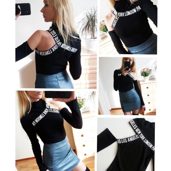 The Best Fashion Women Hollow Out T Shirt Studded Long Sleeve Tops Tee Ladies Cold Shoulder Slim Fit Casual Tops Clubwear Online - Takalr