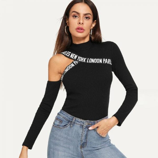 The Best Fashion Women Hollow Out T Shirt Studded Long Sleeve Tops Tee Ladies Cold Shoulder Slim Fit Casual Tops Clubwear Online - Takalr