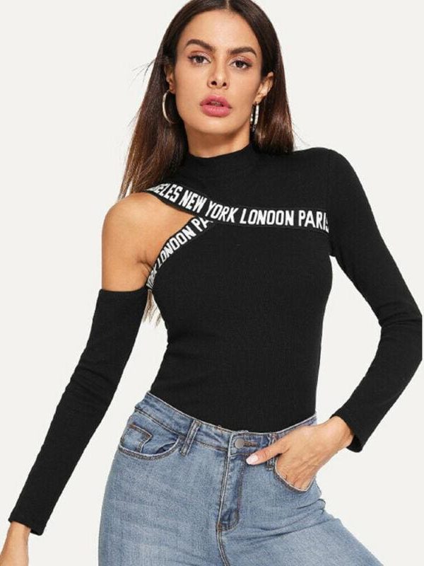 The Best Fashion Women Hollow Out T Shirt Studded Long Sleeve Tops Tee Ladies Cold Shoulder Slim Fit Casual Tops Clubwear Online - Takalr