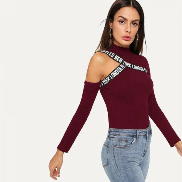 The Best Fashion Women Hollow Out T Shirt Studded Long Sleeve Tops Tee Ladies Cold Shoulder Slim Fit Casual Tops Clubwear Online - Takalr