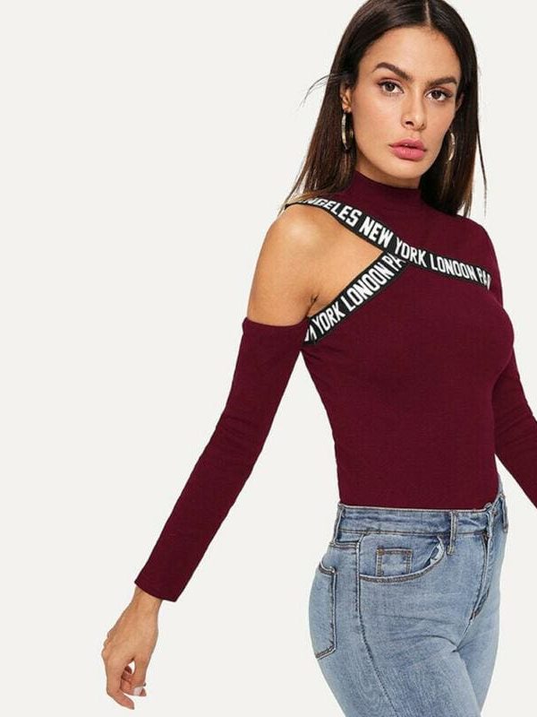 The Best Fashion Women Hollow Out T Shirt Studded Long Sleeve Tops Tee Ladies Cold Shoulder Slim Fit Casual Tops Clubwear Online - Takalr