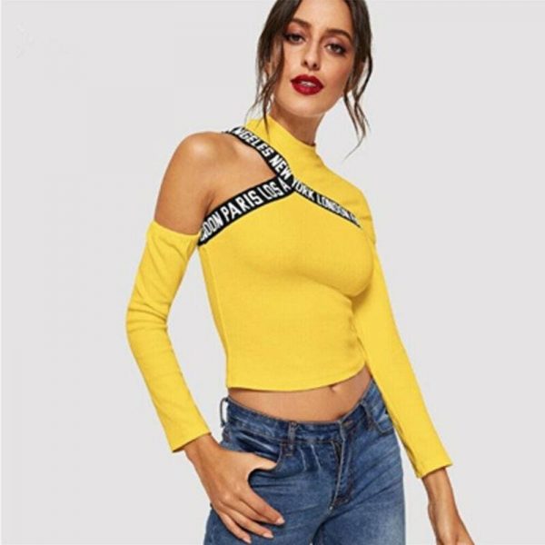 The Best Fashion Women Hollow Out T Shirt Studded Long Sleeve Tops Tee Ladies Cold Shoulder Slim Fit Casual Tops Clubwear Online - Takalr