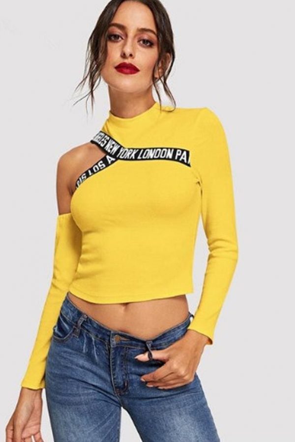 The Best Fashion Women Hollow Out T Shirt Studded Long Sleeve Tops Tee Ladies Cold Shoulder Slim Fit Casual Tops Clubwear Online - Takalr