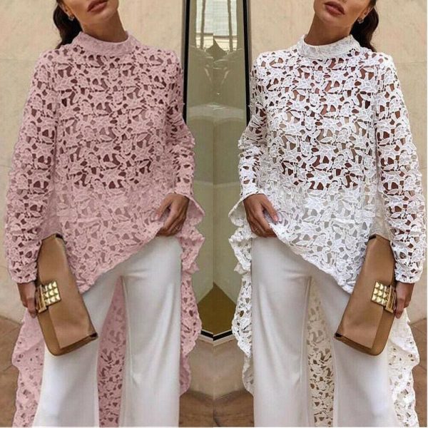 The Best Fashion Women Irregular Loose Long Sleeve Casual Lace Jumper Stretch Pullover Hollow Floral Tops Blouse Tunic Online - Takalr