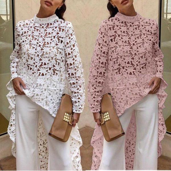 The Best Fashion Women Irregular Loose Long Sleeve Casual Lace Jumper Stretch Pullover Hollow Floral Tops Blouse Tunic Online - Takalr