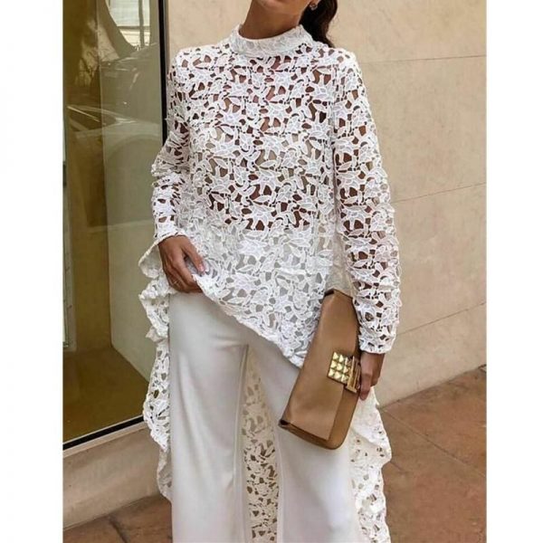 The Best Fashion Women Irregular Loose Long Sleeve Casual Lace Jumper Stretch Pullover Hollow Floral Tops Blouse Tunic Online - Takalr