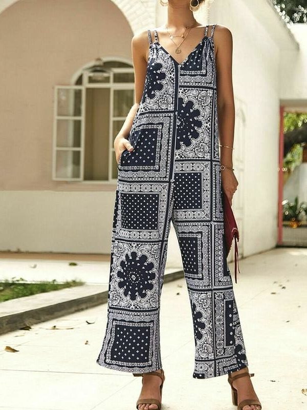 The Best Fashion Women Jumpsuit V Neck Print Floral Pocket Ladies Summer Beach Wide Leg Holiday Romper Long Jumpsuit Trousers Online - Takalr