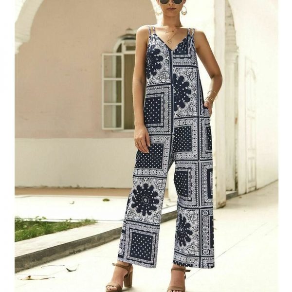 The Best Fashion Women Jumpsuit V Neck Print Floral Pocket Ladies Summer Beach Wide Leg Holiday Romper Long Jumpsuit Trousers Online - Takalr