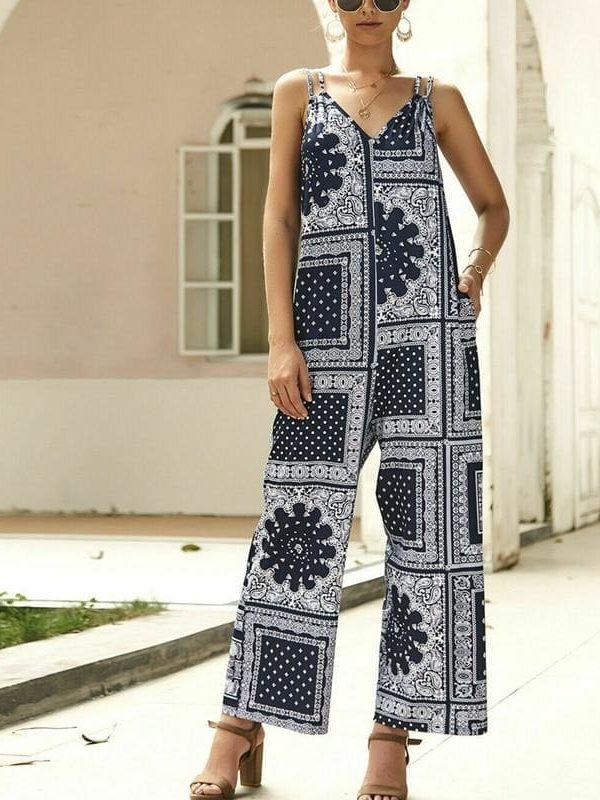 The Best Fashion Women Jumpsuit V Neck Print Floral Pocket Ladies Summer Beach Wide Leg Holiday Romper Long Jumpsuit Trousers Online - Takalr