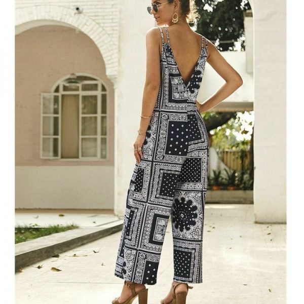 The Best Fashion Women Jumpsuit V Neck Print Floral Pocket Ladies Summer Beach Wide Leg Holiday Romper Long Jumpsuit Trousers Online - Takalr