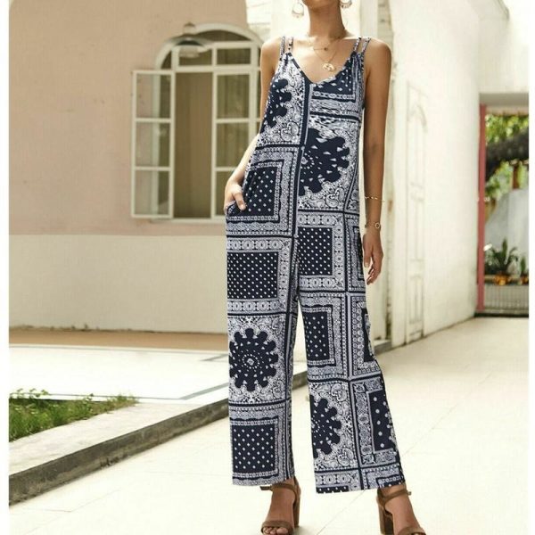 The Best Fashion Women Jumpsuit V Neck Print Floral Pocket Ladies Summer Beach Wide Leg Holiday Romper Long Jumpsuit Trousers Online - Takalr