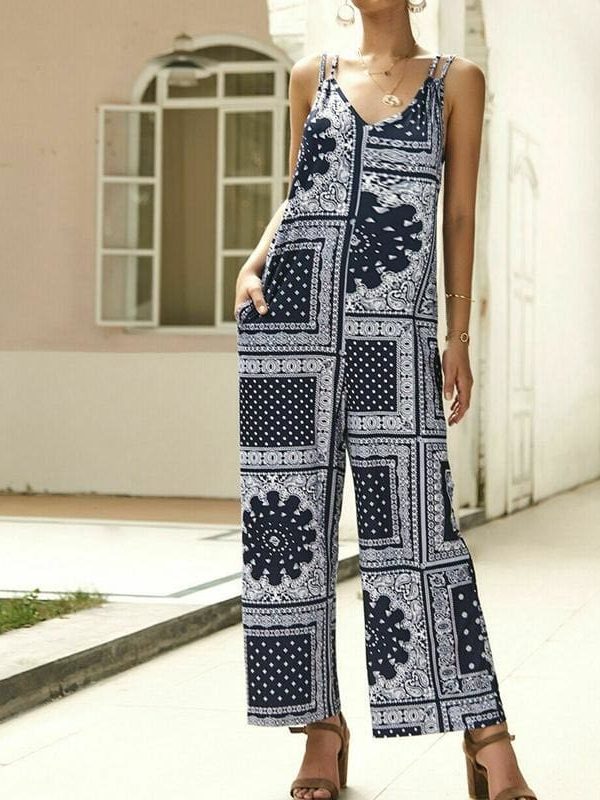 The Best Fashion Women Jumpsuit V Neck Print Floral Pocket Ladies Summer Beach Wide Leg Holiday Romper Long Jumpsuit Trousers Online - Takalr