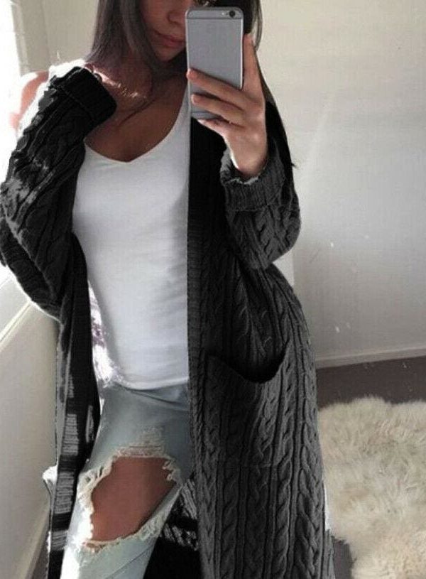 The Best Fashion Women Knitted Chunky Cardigan Sweater Open Front Pocket Coat Winter Casual Long Jumper Coat Jacket Tops Online - Takalr