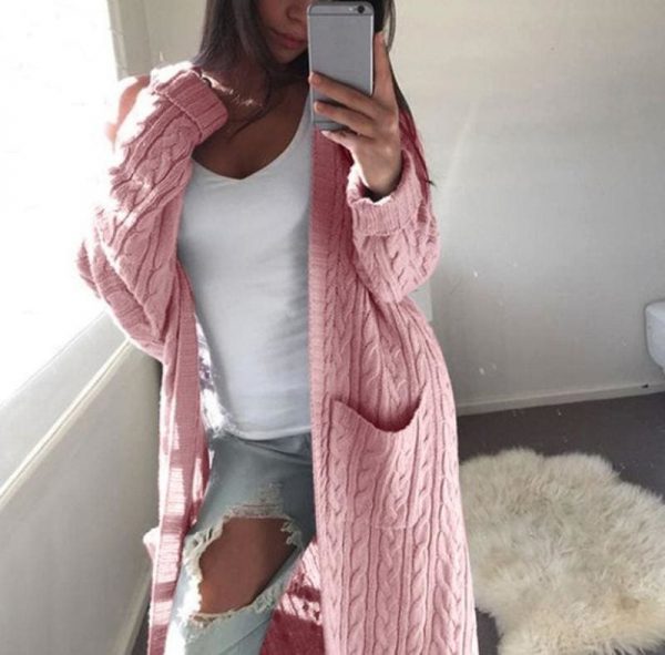 The Best Fashion Women Knitted Chunky Cardigan Sweater Open Front Pocket Coat Winter Casual Long Jumper Coat Jacket Tops Online - Takalr
