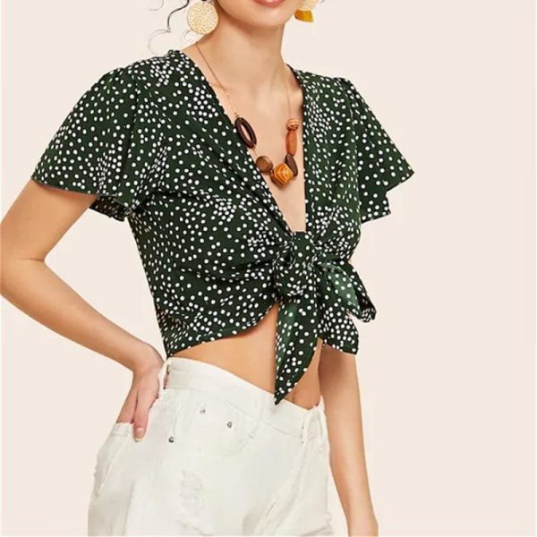 The Best Fashion Women Ladies Floral Wave Point Bandage Crop Tops Ladies Short Sleeve V-Neck Blouse Casual Short Shirts Online - Takalr