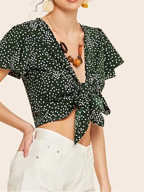 The Best Fashion Women Ladies Floral Wave Point Bandage Crop Tops Ladies Short Sleeve V-Neck Blouse Casual Short Shirts Online - Takalr