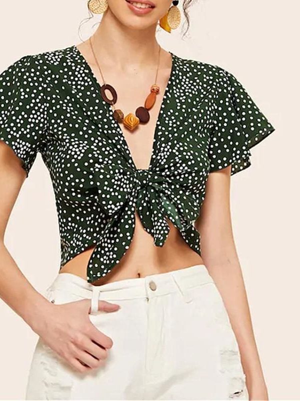 The Best Fashion Women Ladies Floral Wave Point Bandage Crop Tops Ladies Short Sleeve V-Neck Blouse Casual Short Shirts Online - Takalr