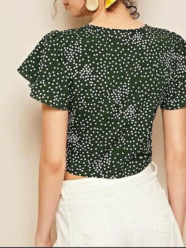 The Best Fashion Women Ladies Floral Wave Point Bandage Crop Tops Ladies Short Sleeve V-Neck Blouse Casual Short Shirts Online - Takalr