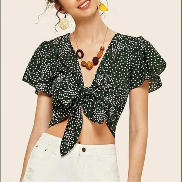 The Best Fashion Women Ladies Floral Wave Point Bandage Crop Tops Ladies Short Sleeve V-Neck Blouse Casual Short Shirts Online - Takalr