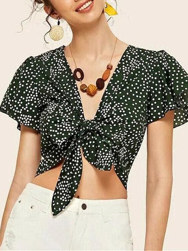 The Best Fashion Women Ladies Floral Wave Point Bandage Crop Tops Ladies Short Sleeve V-Neck Blouse Casual Short Shirts Online - Takalr