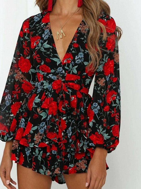 The Best Fashion Women Ladies Long Sleeve Boho Floral Playsuit Bodycon Holiday Party Summer Beach Jumpsuit&Romper Trousers New Online - Takalr