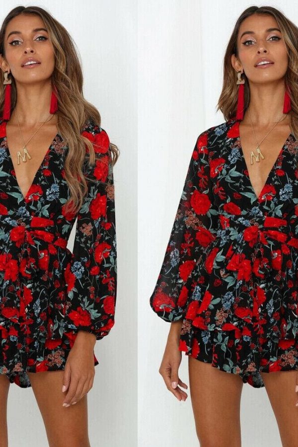 The Best Fashion Women Ladies Long Sleeve Boho Floral Playsuit Bodycon Holiday Party Summer Beach Jumpsuit&Romper Trousers New Online - Takalr