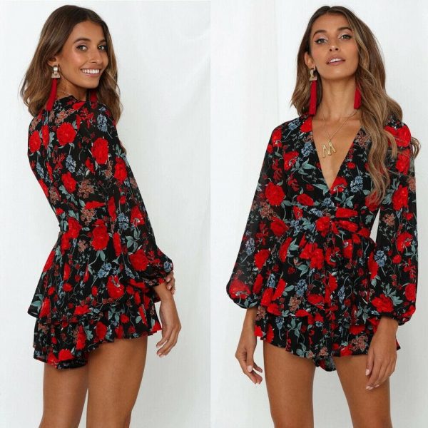 The Best Fashion Women Ladies Long Sleeve Boho Floral Playsuit Bodycon Holiday Party Summer Beach Jumpsuit&Romper Trousers New Online - Takalr