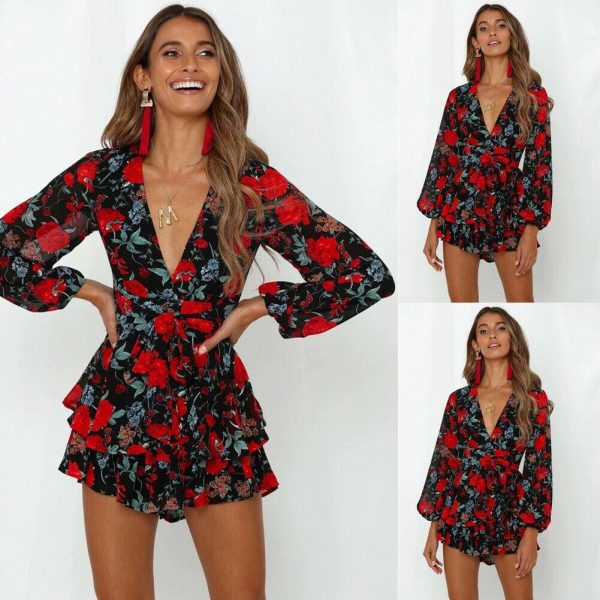 The Best Fashion Women Ladies Long Sleeve Boho Floral Playsuit Bodycon Holiday Party Summer Beach Jumpsuit&Romper Trousers New Online - Takalr